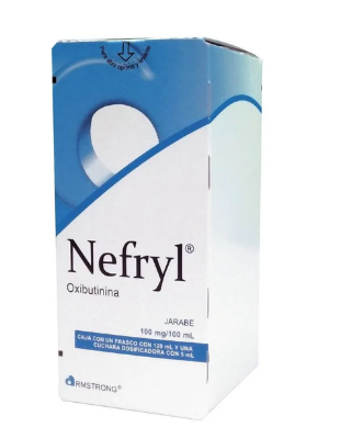 Nefryl (Oxibutinina) 100 mg, 100 ml jarabe caja con un frasco de 120 ml