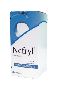 Nefryl (Oxibutinina) 100 mg, 100 ml jarabe caja con un frasco de 120 ml