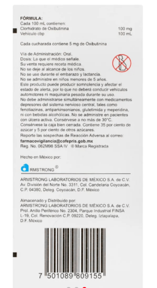 Nefryl (Oxibutinina) 100 mg, 100 ml jarabe caja con un frasco de 120 ml